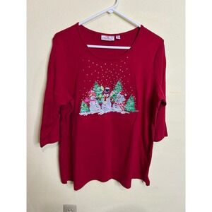 Quacker Factory Women's 1X Red Christmas‎ Embellished 3/4 Sleeve Top/Sweatshirt